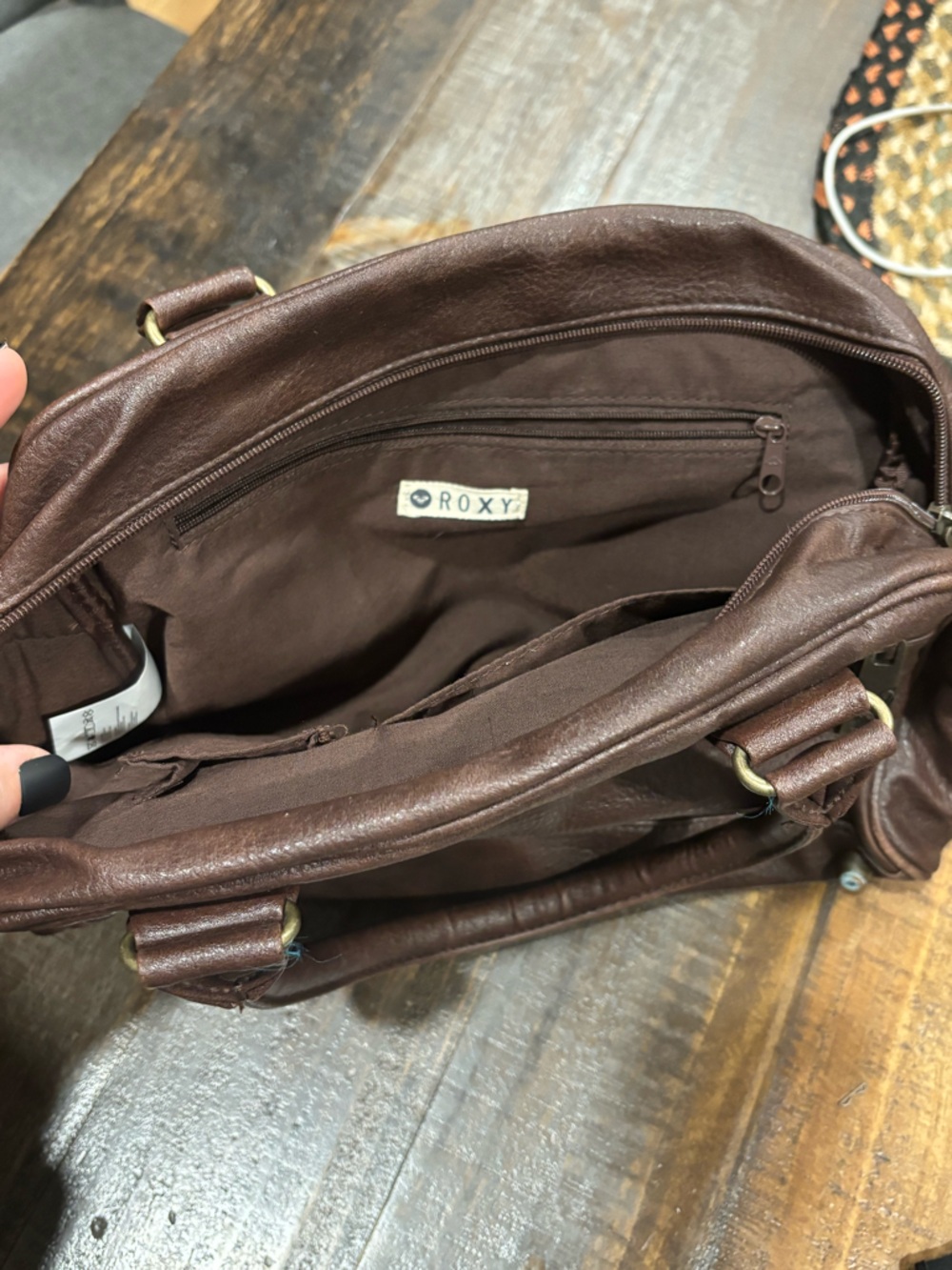 Brown ROXY Leather Tote Bag with Front Zip Pocket - Picture 2 of 4